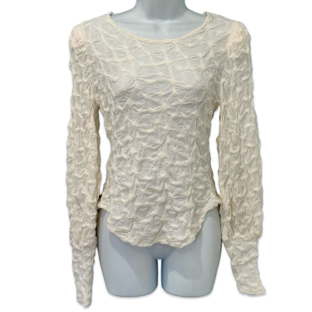 Anthropologie BTFL Life Ivory Textured Popcorn Bishop Sleeve Blouse Sz S NEW Tag - Picture 1 of 11
